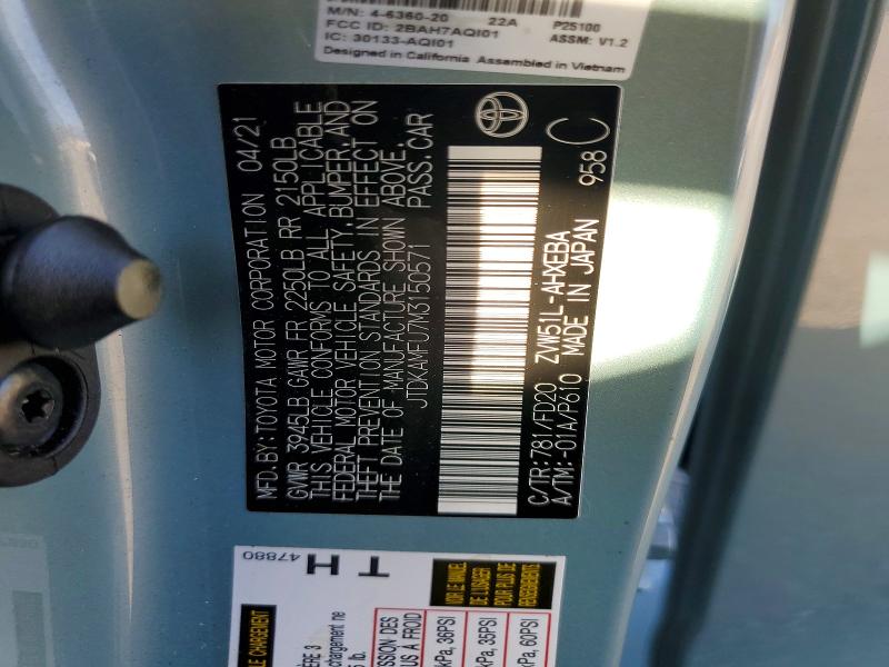 2021 Toyota Prius მანქანა იყიდება აუქციონზე, vin: JTDKAMFU7M3150571, აუქციონის ნომერი: 52429486