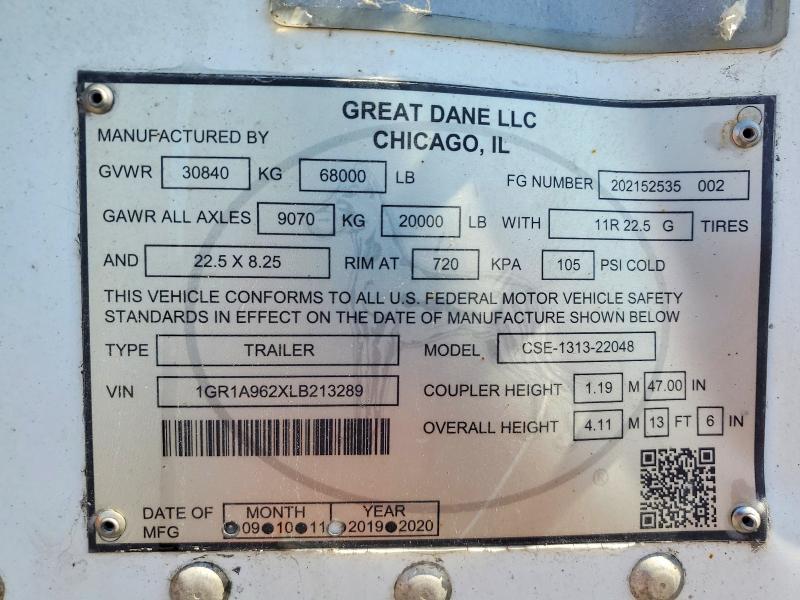 53298246 :رقم المزاد ، 1GR1A962XLB213289 vin ، 2020 Great Dane Trailer Trailer مزاد بيع