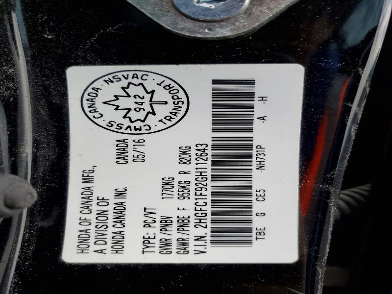 Aukcja sprzedaży 2016 Honda Civic, vin: 2HGFC1F92GH112643, numer aukcji: 52198046