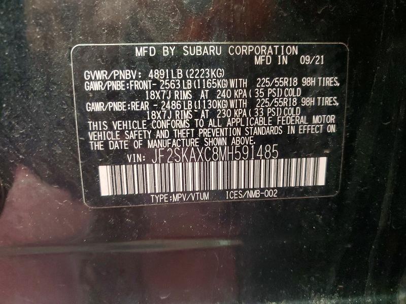 2021 Subaru Forester მანქანა იყიდება აუქციონზე, vin: JF2SKAXC8MH591485, აუქციონის ნომერი: 54253176
