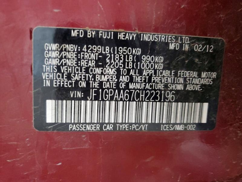 Aukcja sprzedaży 2012 Subaru Impreza, vin: JF1GPAA67CH223196, numer aukcji: 52086346
