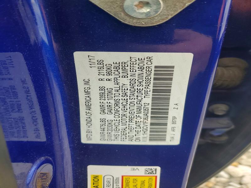 Продаж на аукціоні авто 2018 Honda Accord, vin: 1HGCV1F36JA035712, номер лоту: 54498866