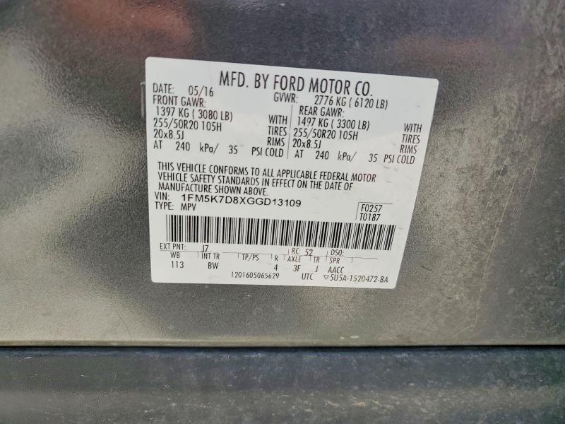 Продаж на аукціоні авто 2016 Ford Explorer, vin: 1FM5K7D8XGGD13109, номер лоту: 53562926