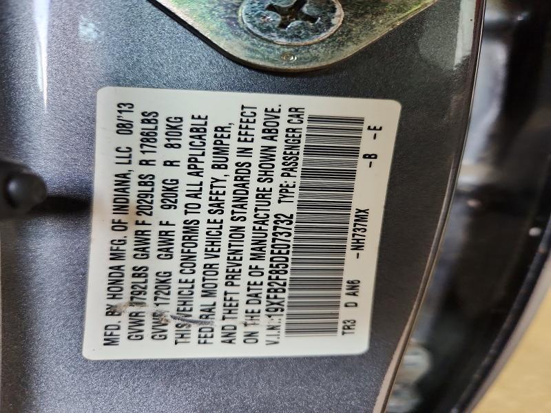 52807866 :رقم المزاد ، 19XFB2F85DE073732 vin ، 2013 Honda Civic مزاد بيع