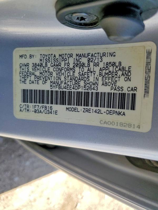 2013 Toyota Corolla მანქანა იყიდება აუქციონზე, vin: 5YFBU4EE4DP152643, აუქციონის ნომერი: 55454026