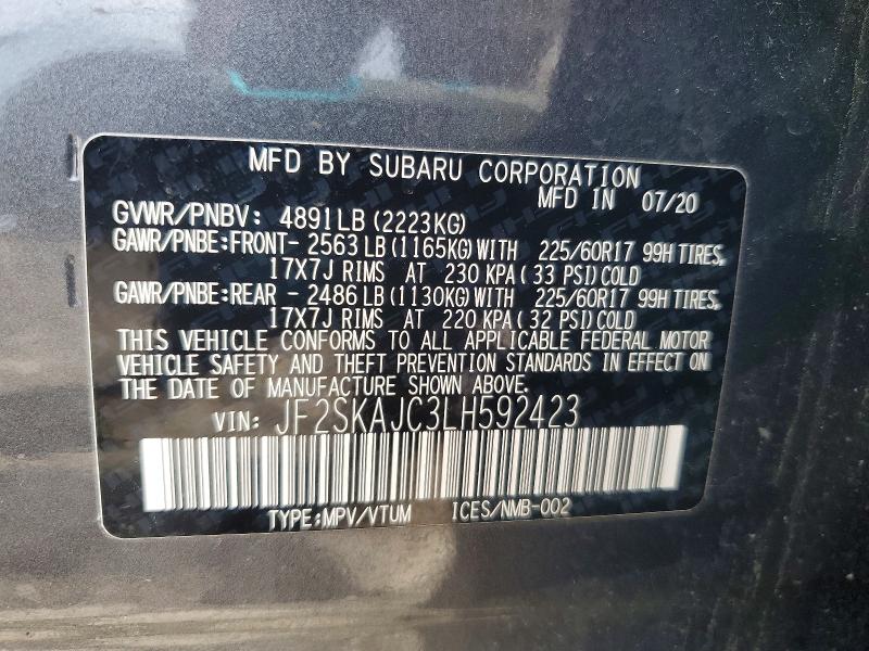 54096846 :رقم المزاد ، JF2SKAJC3LH592423 vin ، 2020 Subaru Forester مزاد بيع