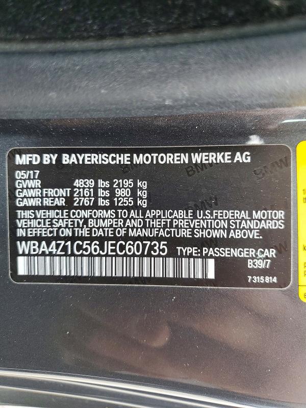 2018 Bmw 430i მანქანა იყიდება აუქციონზე, vin: WBA4Z1C56JEC60735, აუქციონის ნომერი: 54624656