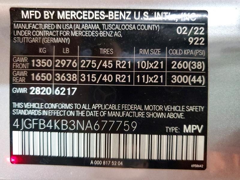 2022 Mercedes-benz Gle მანქანა იყიდება აუქციონზე, vin: 4JGFB4KB3NA677759, აუქციონის ნომერი: 54920116