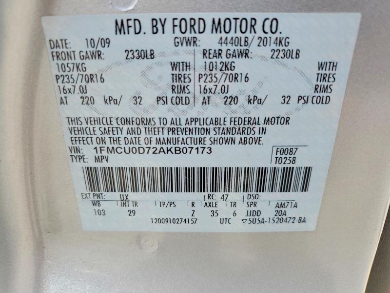 2010 Ford Escape მანქანა იყიდება აუქციონზე, vin: 1FMCU0D72AKB07173, აუქციონის ნომერი: 53889846