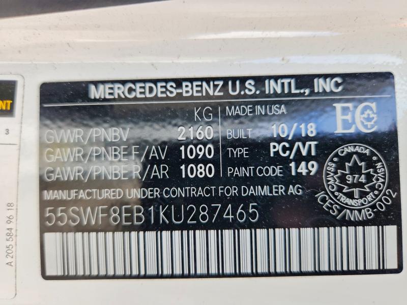 2019 Mercedes-benz C მანქანა იყიდება აუქციონზე, vin: 55SWF8EB1KU287465, აუქციონის ნომერი: 50336756