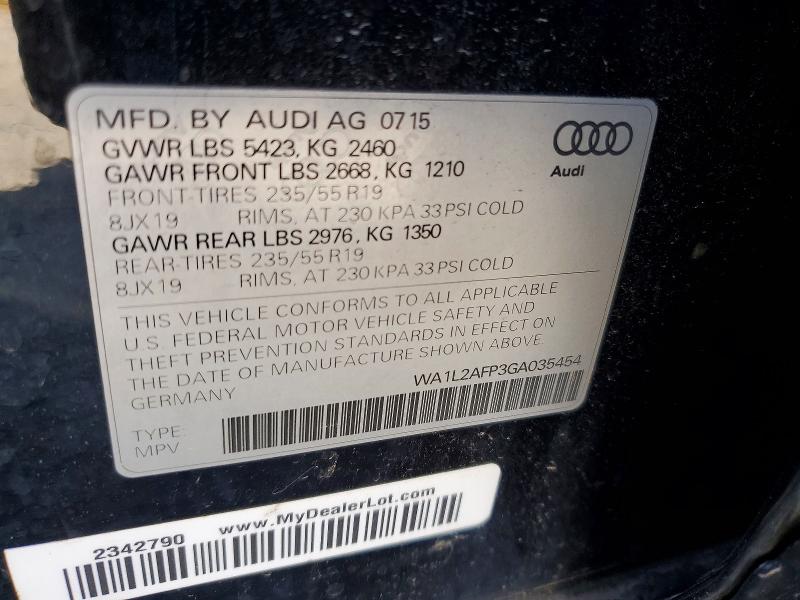 Продаж на аукціоні авто 2016 Audi Q5, vin: WA1L2AFP3GA035454, номер лоту: 52994446