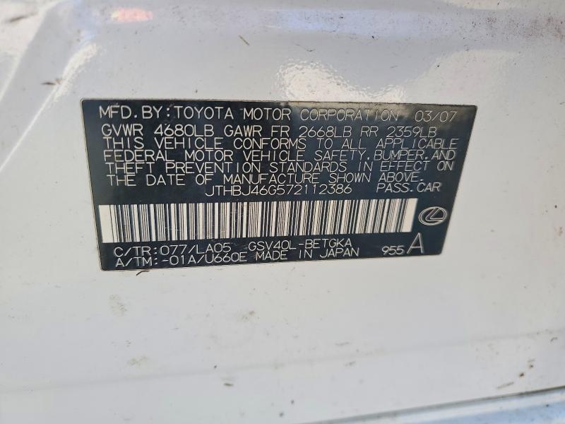 52936626 :رقم المزاد ، JTHBJ46G572112386 vin ، 2007 Lexus Es مزاد بيع