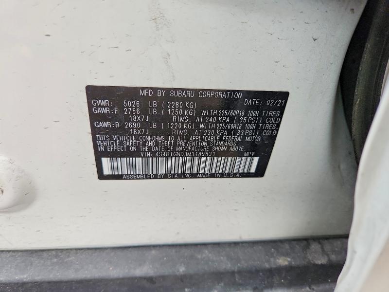 55186226 :رقم المزاد ، 4S4BTGND3M3189831 vin ، 2021 Subaru Outback مزاد بيع