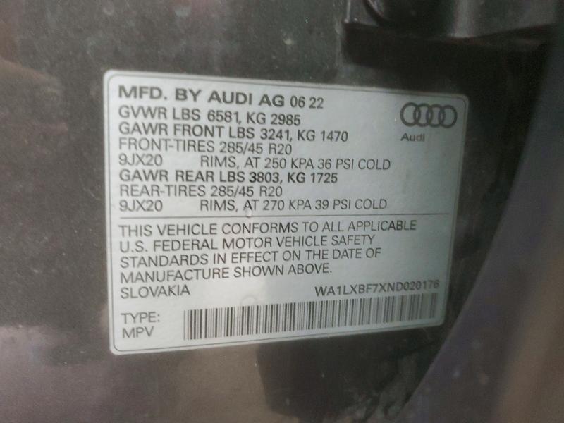 54226036 :رقم المزاد ، WA1LXBF7XND020176 vin ، 2022 Audi Q7 مزاد بيع