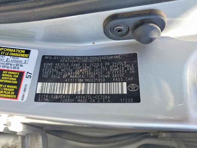 Aukcja sprzedaży 2021 Toyota Camry, vin: 4T1T11BK1MU031959, numer aukcji: 54830706