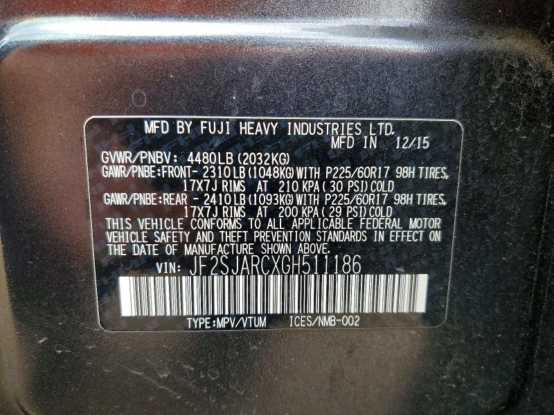 Aukcja sprzedaży 2016 Subaru Forester, vin: JF2SJARCXGH511186, numer aukcji: 54647986