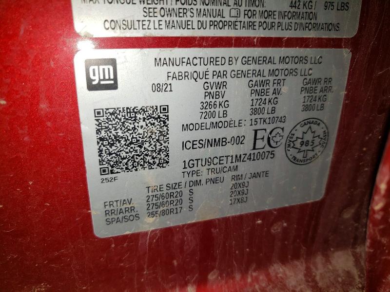 Aukcja sprzedaży 2021 Gmc Sierra, vin: 1GTU9CET1MZ410075, numer aukcji: 54284136