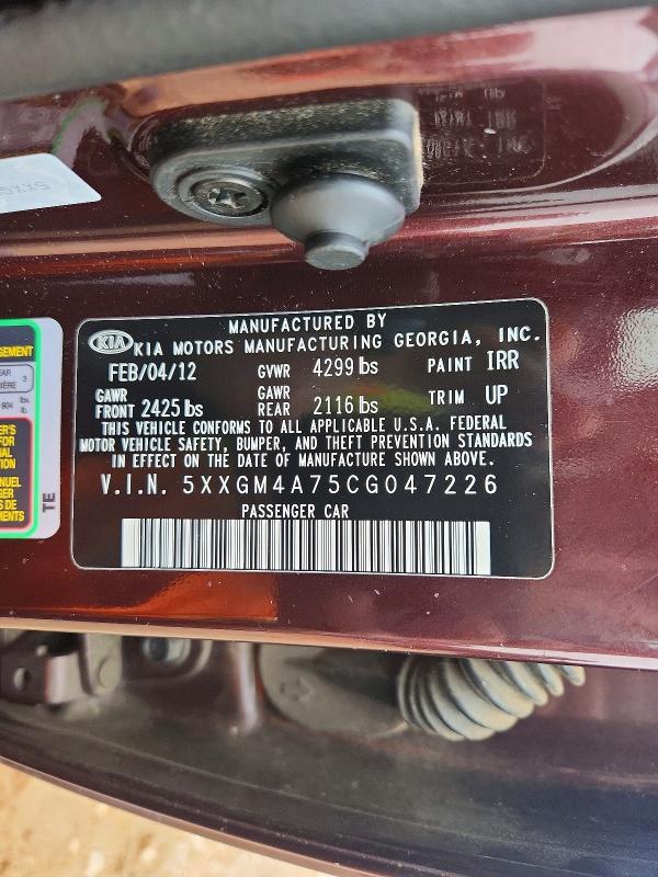 2012 Kia Optima მანქანა იყიდება აუქციონზე, vin: 5XXGM4A75CG047226, აუქციონის ნომერი: 54660656