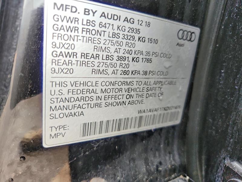 2019 Audi Q8 მანქანა იყიდება აუქციონზე, vin: WA1AVAF17KD021476, აუქციონის ნომერი: 55171176