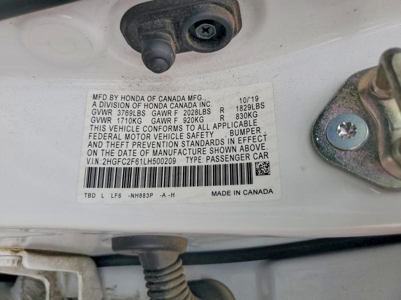 53694606 :رقم المزاد ، 2HGFC2F61LH500209 vin ، 2020 Honda Civic مزاد بيع