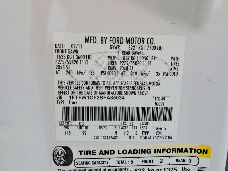 52172946 :رقم المزاد ، 1FTFW1CF2BFA85034 vin ، 2011 Ford F150 مزاد بيع