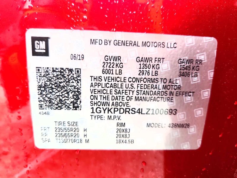 54604636 :رقم المزاد ، 1GYKPDRS4LZ100693 vin ، 2020 Cadillac Xt6 مزاد بيع