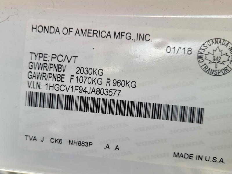 53254246 :رقم المزاد ، 1HGCV1F94JA803577 vin ، 2018 Honda Accord مزاد بيع