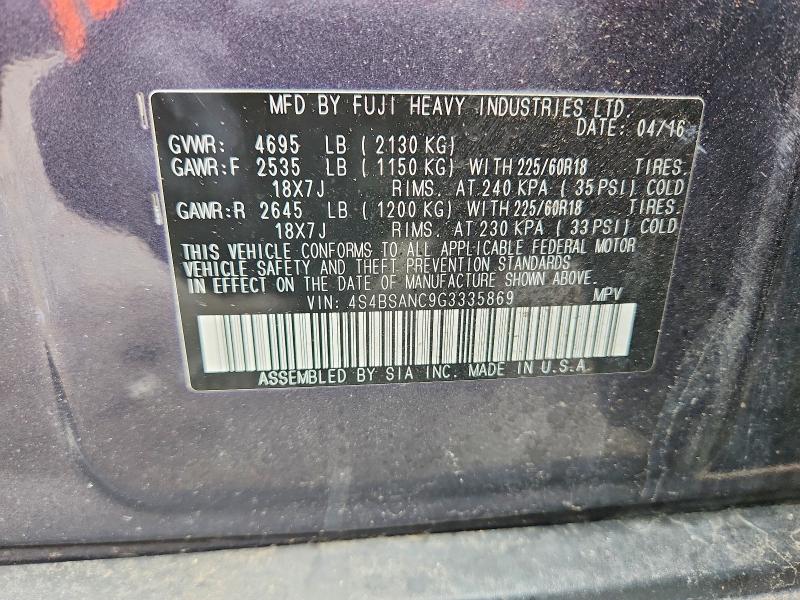 52714626 :رقم المزاد ، 4S4BSANC9G3335869 vin ، 2016 Subaru Outback مزاد بيع