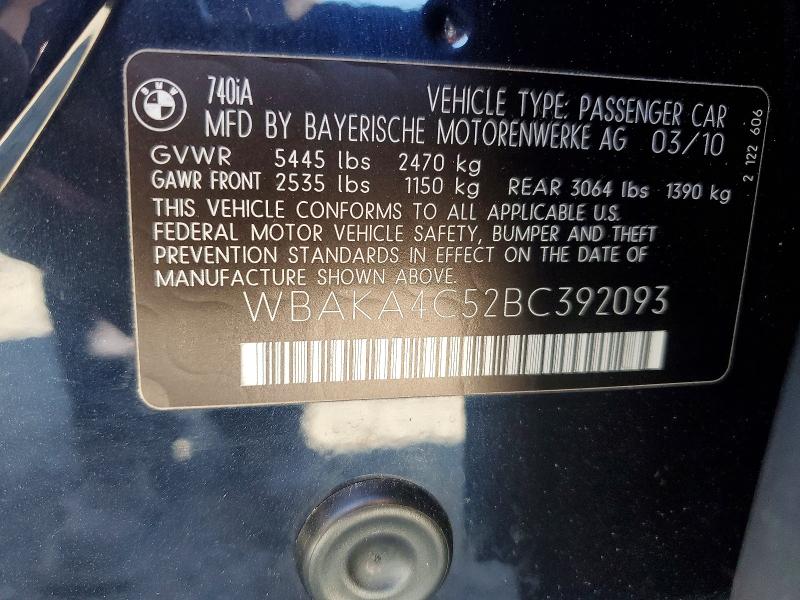 Aukcja sprzedaży 2011 Bmw 740, vin: WBAKA4C52BC392093, numer aukcji: 55351996