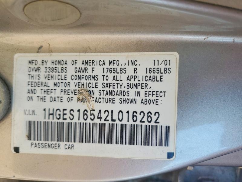 Aukcja sprzedaży 2002 Honda Civic, vin: 1HGES16542L016262, numer aukcji: 55241146