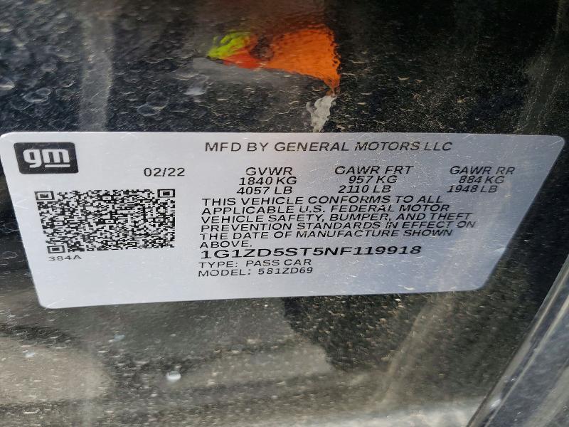 2022 Chevrolet Malibu მანქანა იყიდება აუქციონზე, vin: 1G1ZD5ST5NF119918, აუქციონის ნომერი: 54104776