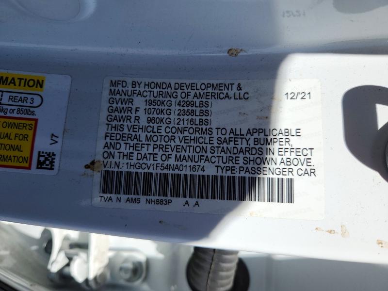 Продажа на аукционе авто 2022 Honda Accord, vin: 1HGCV1F54NA011674, номер лота: 52326126