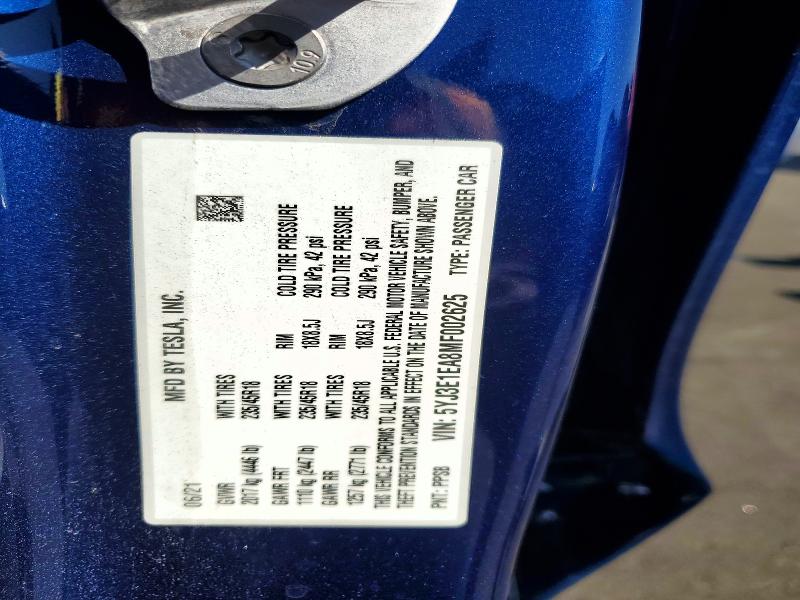 52865546 :رقم المزاد ، 5YJ3E1EA8MF002625 vin ، 2021 Tesla Model 3 مزاد بيع