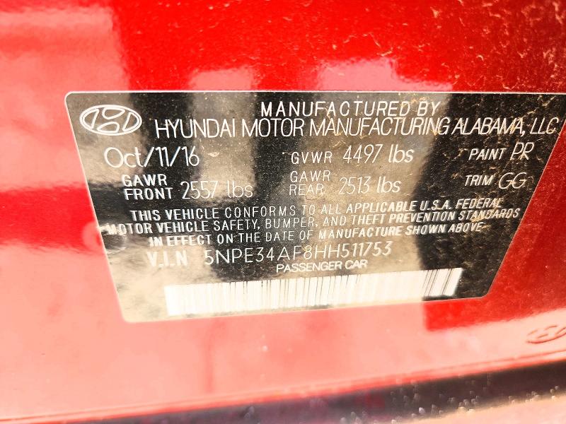 2017 Hyundai Sonata მანქანა იყიდება აუქციონზე, vin: 5NPE34AF8HH511753, აუქციონის ნომერი: 51872266