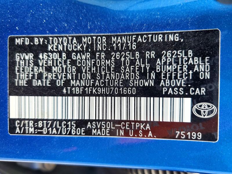 2017 Toyota Camry მანქანა იყიდება აუქციონზე, vin: 4T1BF1FK9HU701660, აუქციონის ნომერი: 52684966
