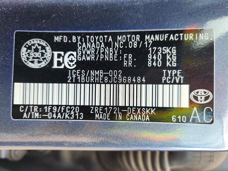 Продаж на аукціоні авто 2018 Toyota Corolla, vin: 2T1BURHE8JC968484, номер лоту: 53983516