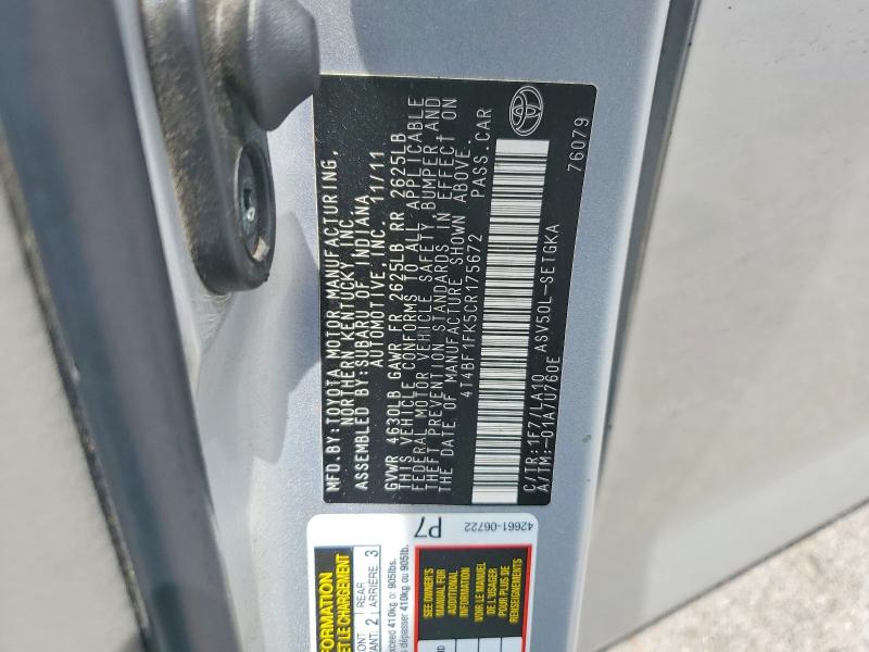 Продаж на аукціоні авто 2012 Toyota Camry, vin: 4T4BF1FK5CR175672, номер лоту: 55350106