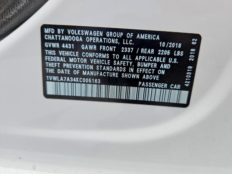 Продаж на аукціоні авто 2019 Volkswagen Passat, vin: 1VWLA7A34KC005163, номер лоту: 52228606