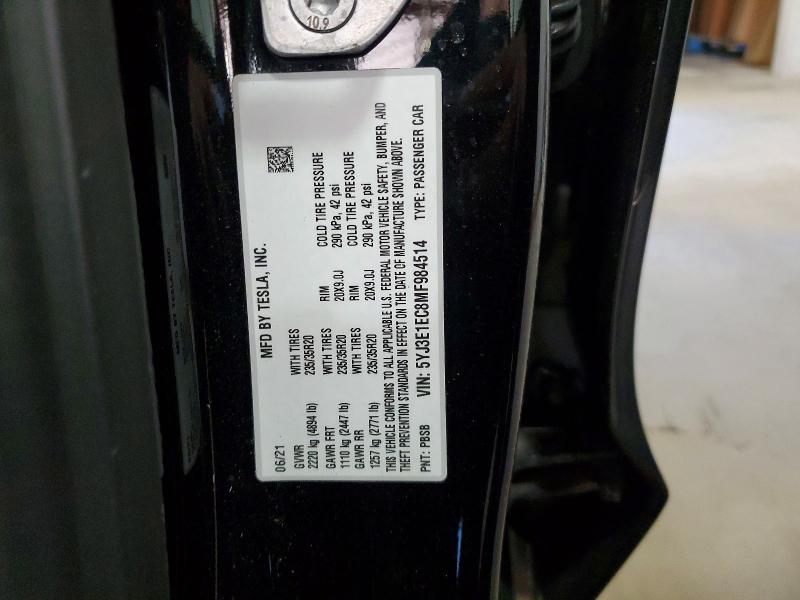 2021 Tesla Mdl 3 მანქანა იყიდება აუქციონზე, vin: 5YJ3E1EC8MF984514, აუქციონის ნომერი: 53718236