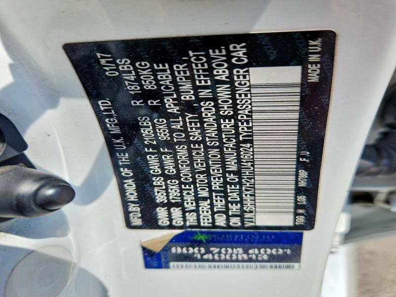 46780046 :رقم المزاد ، SHHFK7H21HU416024 vin ، 2017 Honda Civic مزاد بيع