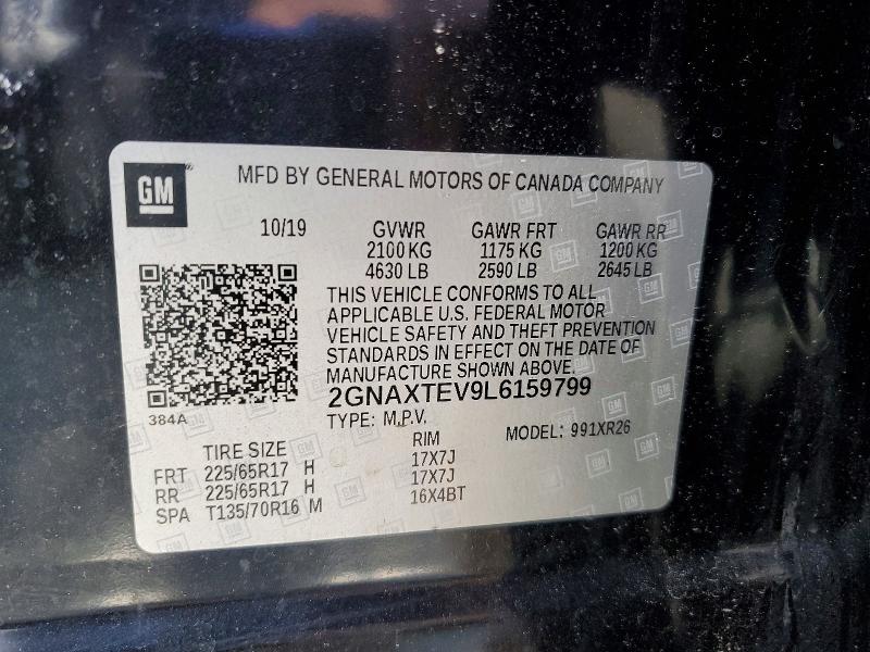 51865136 :رقم المزاد ، 2GNAXTEV9L6159799 vin ، 2020 Chevrolet Equinox مزاد بيع