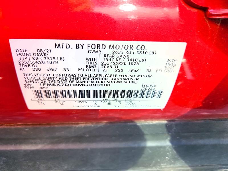 Aukcja sprzedaży 2021 Ford Explorer, vin: 1FMSK7DH8MGB93180, numer aukcji: 53570566