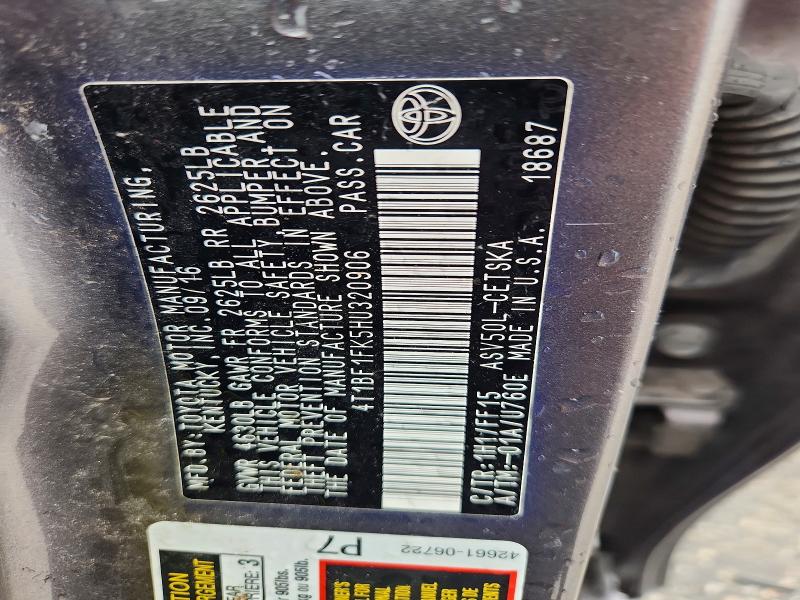 2017 Toyota Camry მანქანა იყიდება აუქციონზე, vin: 4T1BF1FK5HU320906, აუქციონის ნომერი: 50660336