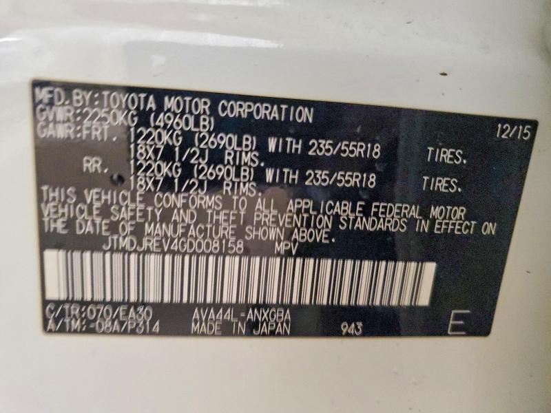 53400866 :رقم المزاد ، JTMDJREV4GD008158 vin ، 2016 Toyota Rav4 Hv مزاد بيع