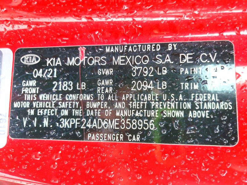 55188386 :رقم المزاد ، 3KPF24AD6ME358956 vin ، 2021 Kia Forte مزاد بيع