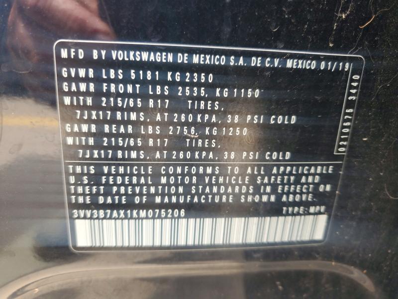 2019 Volkswagen Tiguan მანქანა იყიდება აუქციონზე, vin: 3VV3B7AX1KM075206, აუქციონის ნომერი: 53197226