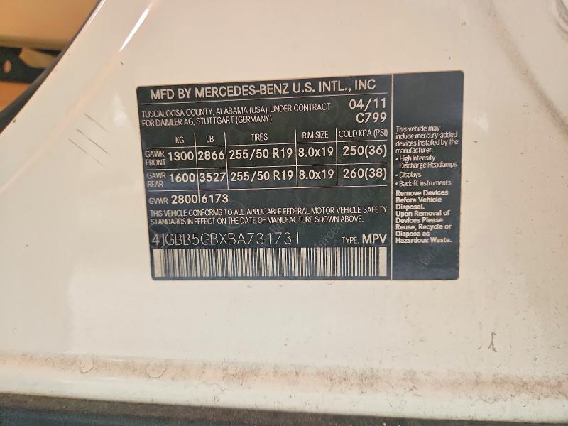 Продажа на аукционе авто 2011 Mercedes-benz Ml, vin: 4JGBB5GBXBA731731, номер лота: 52830496