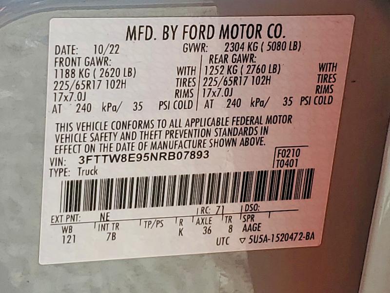 52438646 :رقم المزاد ، 3FTTW8E95NRB07893 vin ، 2022 Ford Maverick مزاد بيع