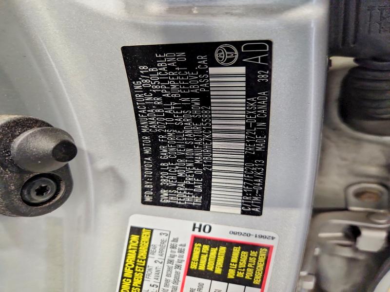 2019 Toyota Corolla მანქანა იყიდება აუქციონზე, vin: 2T1BURHE7KC155882, აუქციონის ნომერი: 54262306