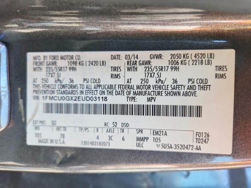 54706936 :رقم المزاد ، 1FMCU0GX2EUD03118 vin ، 2014 Ford Escape مزاد بيع